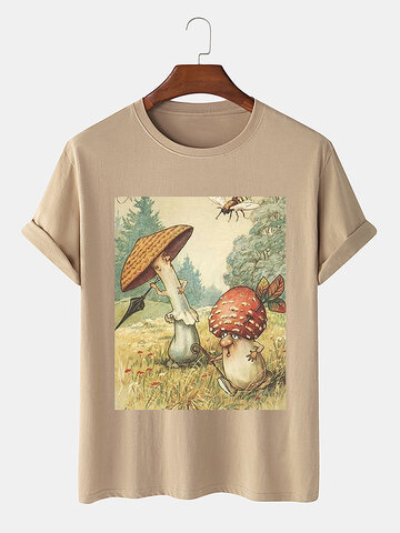 Mushroom Cartoon Box Print Cotton T-Shirt