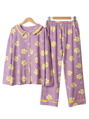 Cotton Flowers Print Pajamas Long Sets