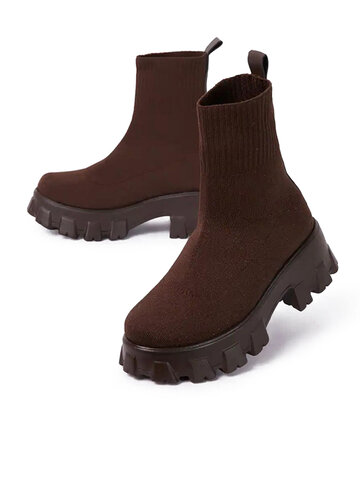 Elastic Slip-On Solid Color Sock Boots