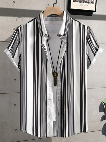 Casual Striped Lapel Collar Short Sleeve Shirts