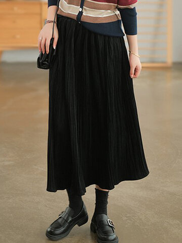 Solid A-line Casual Pleated Skirt