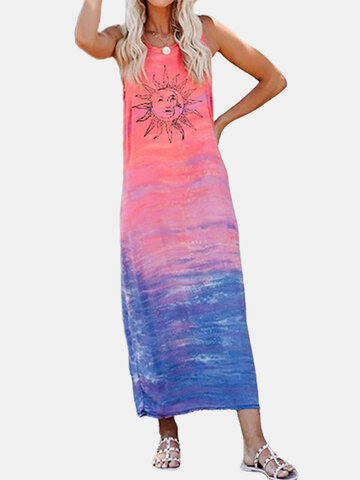 Sun Printed Ombre O-neck Dress