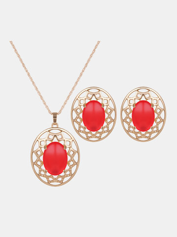 Elegant Jewelry Set Opal Hollow Oval Necklace Earrings Set