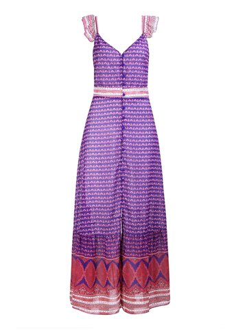 

Bohemia Ruffles Print Button V-neck Sleeveless Women Maxi Dress, Purple