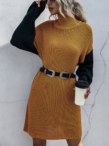 Contrast Color Knitted  Sweater Dress