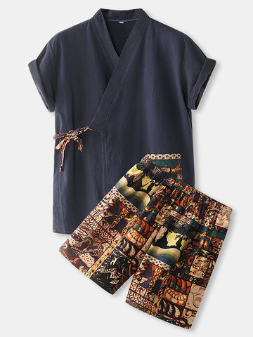 Vintage Print V-Neck Kimono Short Pajamas