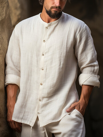 Solid Stand Collar Cotton Shirts