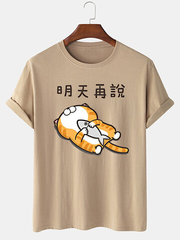 Cartoon Cat & Fish Print T-Shirts