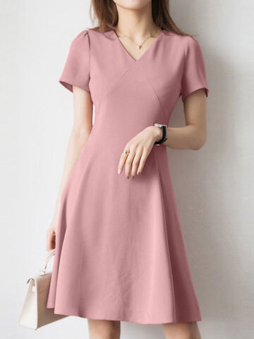 Solid A-line Short Sleeve Dress