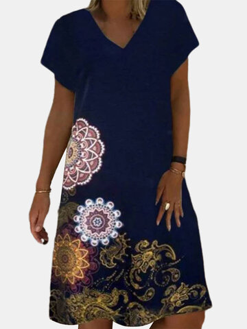 Vintage Printed Short Sleeve Midi Dress