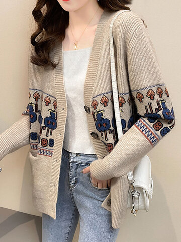 Women Jacquard Knitted Long Sleeve V-neck Button P