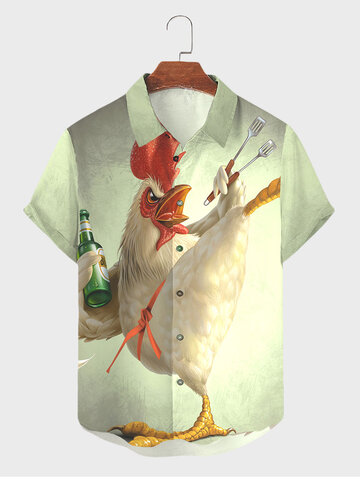 Cartoon Chicken Print Casual Shirts