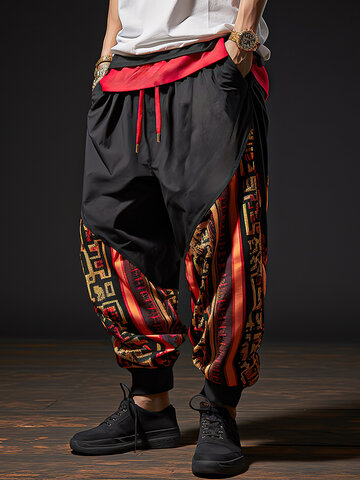 Pantalon patchwork contrasté à imprimé ethnique