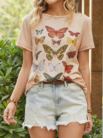 Butterfly Print O-neck T-Shirt