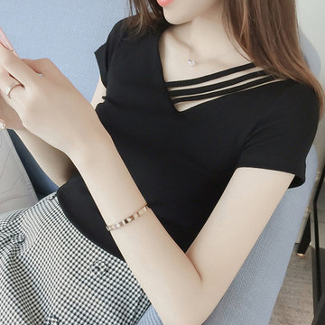 

Season Slim Thin Shirt Solid Color Bottoming Shirt Personality Leaking Shoulder Short-sleeved T-shirt Female Tide