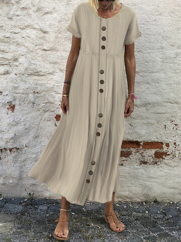 Plain Texture Button Cotton Dress