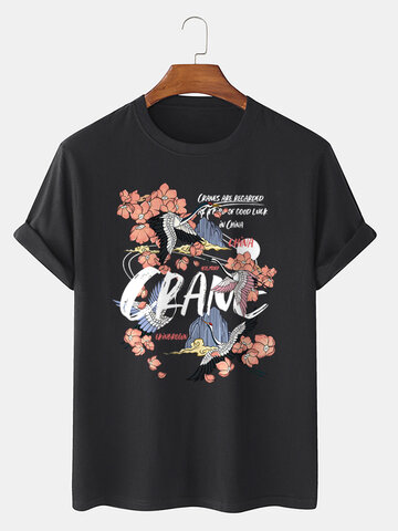 Floral Crane Letter Printed T-Shirts