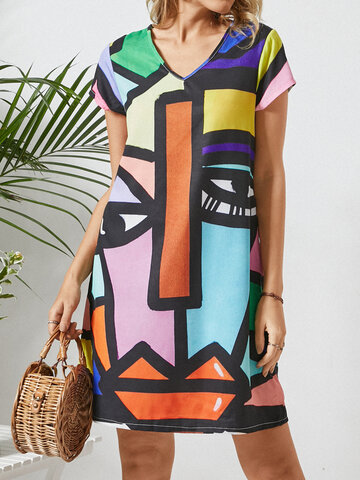 Abstract Pattern V-neck Print Dress