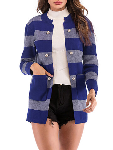 Knitted Striped Pockets Cardigans