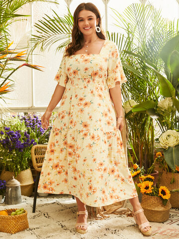 Square Neck Floral Print Shirring Dress
