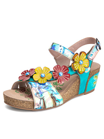 SOCOFY Floral Printing Hasp Wedge Sandals