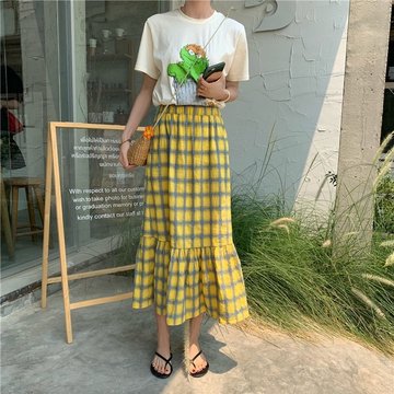 

Hui Cai] Season New French Retro Yellow Plaid Skirt Female Long Section High Waist Fishtail Skirt