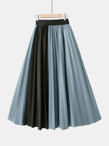 Contrast Color Pleated Elastic Waist Skirt
