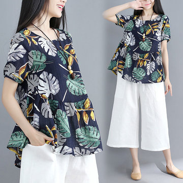Cotton And Linen T-shirt Female Short-sleeved Dress New Loose Casual Han Fan Print Skirt Pendulum Round Neck Doll Shirt