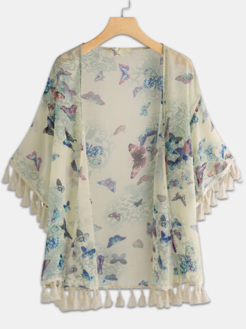 Kimono con borlas y estampado de mariposas