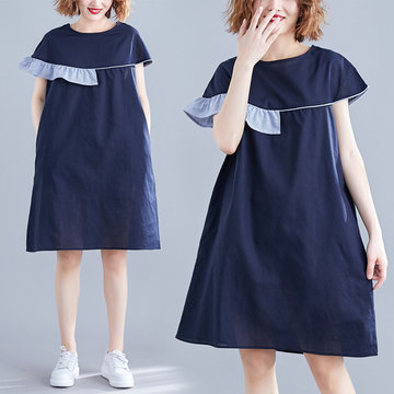 

Literary Large Size Women's Season New Cotton Dress Small Fresh Asymmetric Ruffled A Word Skirt Female
