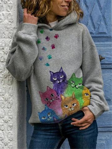 Multi-color Cat Print Hoodie