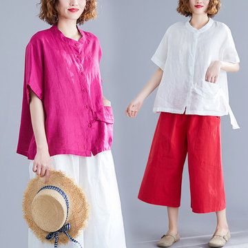 

Cotton And Linen Suit Female New Literary Fan Loose Large Size Short-sleeved Shirt Shirt + Seven-point Wide-leg Pants Two-piece