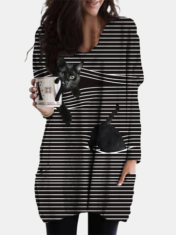 Striped Black Cat Print Blouse