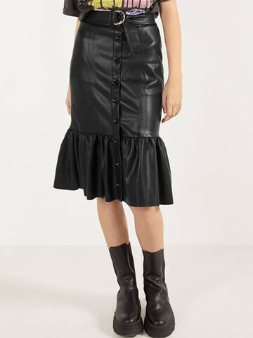 Pleated Patchwork Leather Hip Skirt
