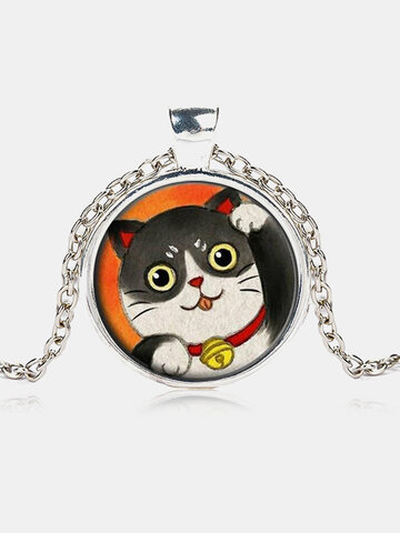Lucky Cat Glass Pendant Necklace