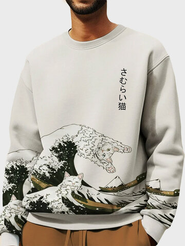Japanese Wave Cat Print Sweatshirts