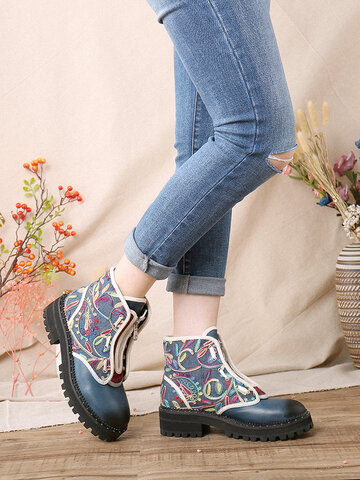 SOCOFY Embroidered Splicing Leather Platform Short Boots