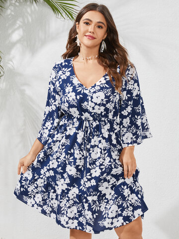 Plus Size Floral Print Button Dress