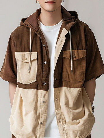 Patchwork Cargo Pockets Hooded Shirts