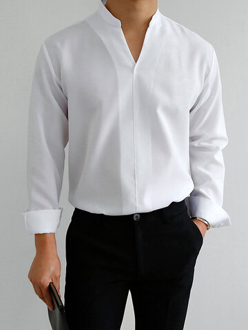 Men Stand-up Collar Long-sleeved Shirt