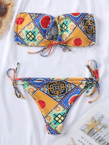 Women Tribal Geometry Print Bandeau Bikini Swimwear 