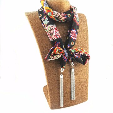 Ethnic Flowers Tassels Scarf Necklace