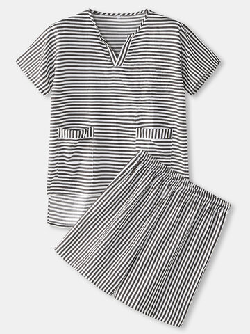 Striped Print V-Neck Loungewear Pajamas Sets