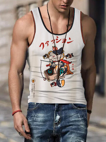 Camiseta sin mangas japonesa Gato con ribete en contraste