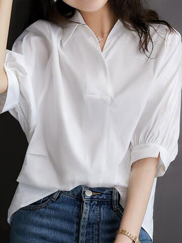 Solid Button Half Sleeve Casual Blouse