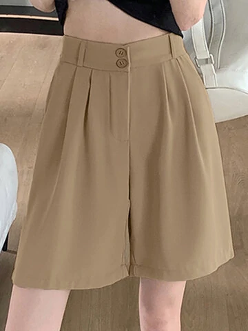 Women Casual Solid Pocket Pleated Wide Leg Shorts 