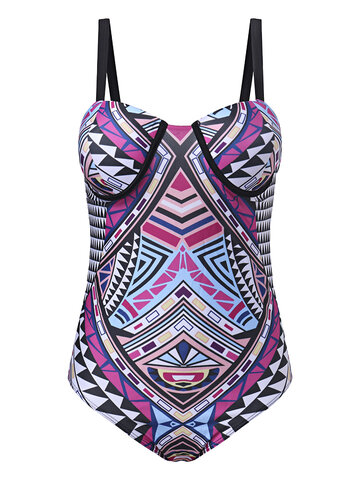 

Geometric Printing Criss-cross Back Sleeveless One-Pieces Swimsuit, Black/red/green black/red/blue