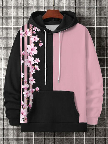 Cherry Blossoms Striped Patchwork Hoodies