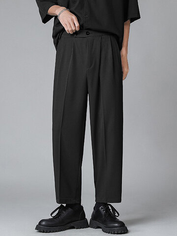 Solid Pleated Straight Suit Pants