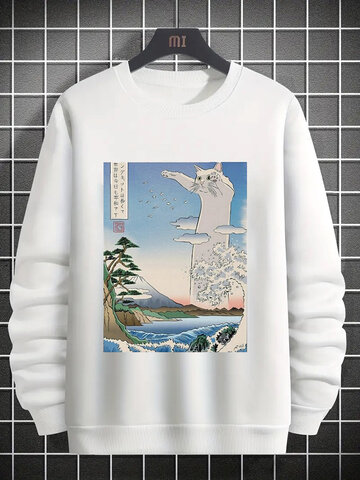 Japanese Cat Landscape Graphic Sweatshirts